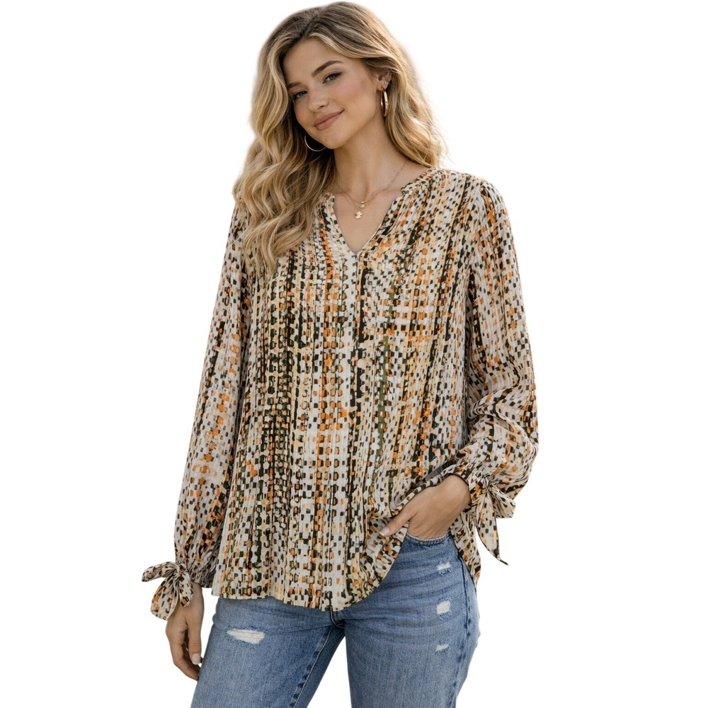 Mascomoda Blouse Women XL Multicolor Abstract Print VNeck Smocked Cuff Top *NWT*